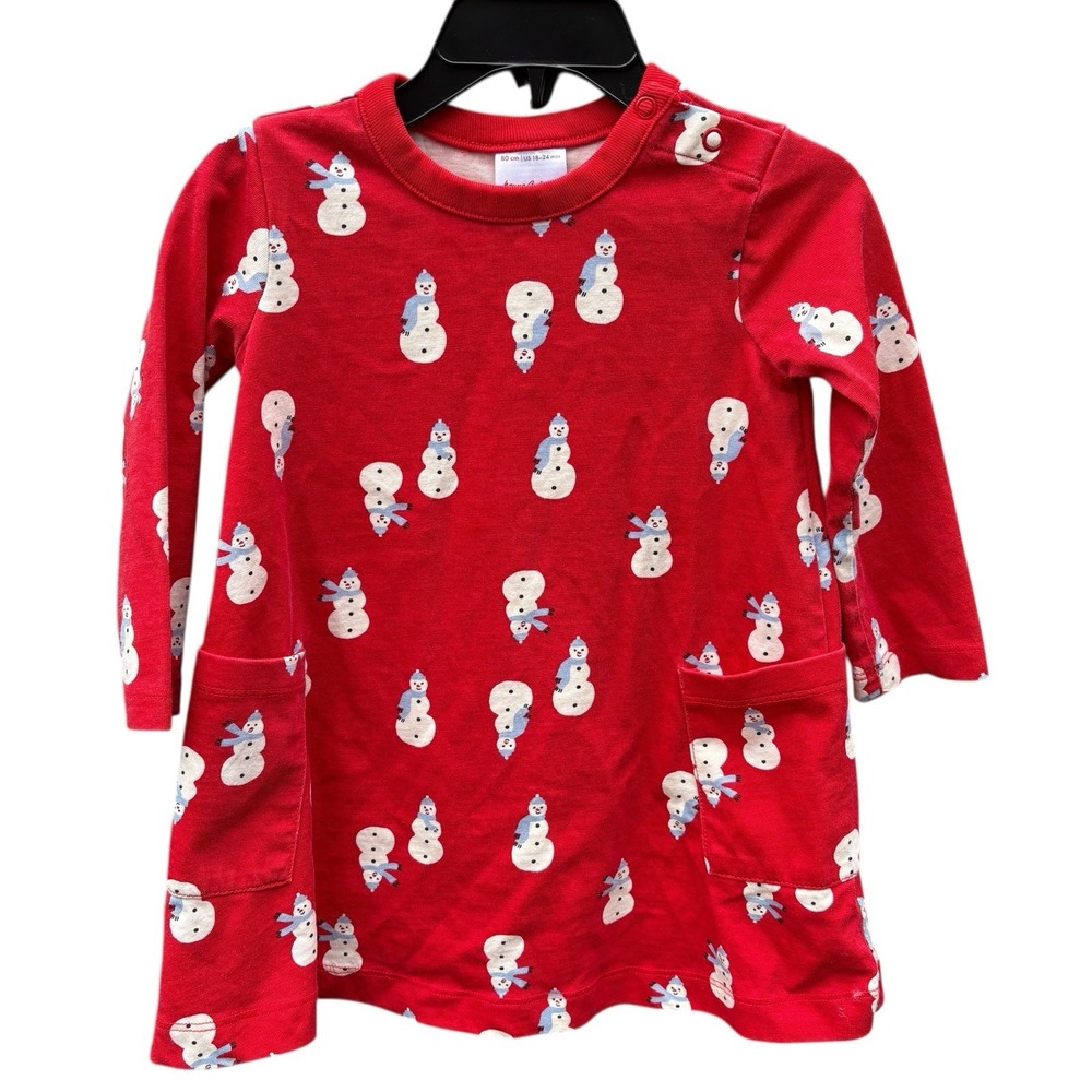 Hanna Andersson Girls 18-24M Dress Red Snowman Print Organic Cotton Pockets